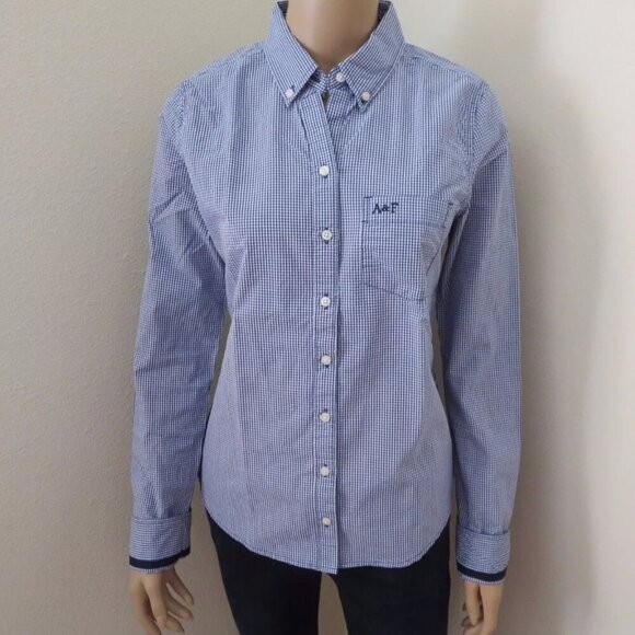 NWT Abercrombie Women Button Down Plaid Shirt Size Medium Checks Blue & White - Picture 2 of 7